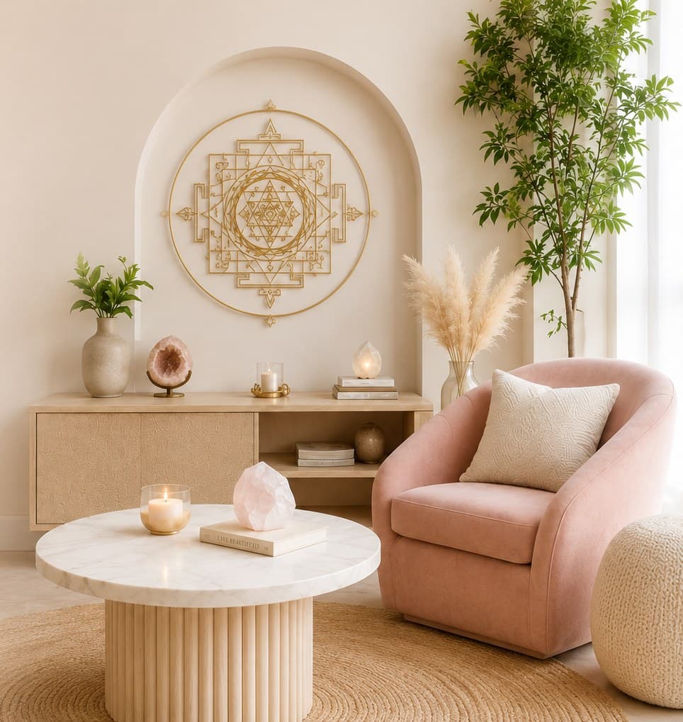 A calm, light-filled consultation room with a gold Sri Yantra artwork, plants and cream furniture