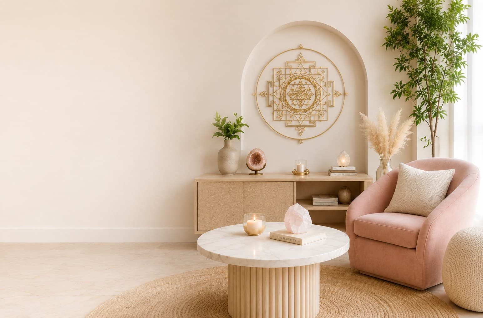 A calm, light-filled consultation room with a gold Sri Yantra artwork, plants and cream furniture